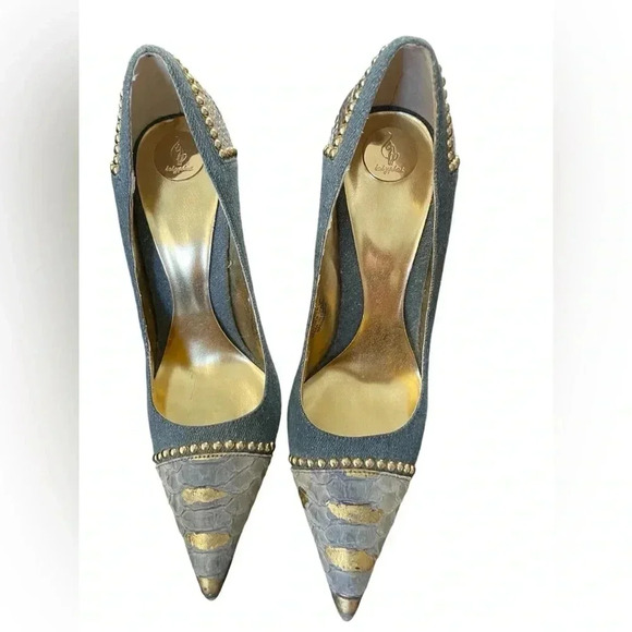 RARE BABY PHAT SNAKE LEATHER DENIM STUDDED POINTED TOE PUMPS - Picture 2 of 3